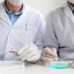 Two medical professionals testing biological samples in a lab
