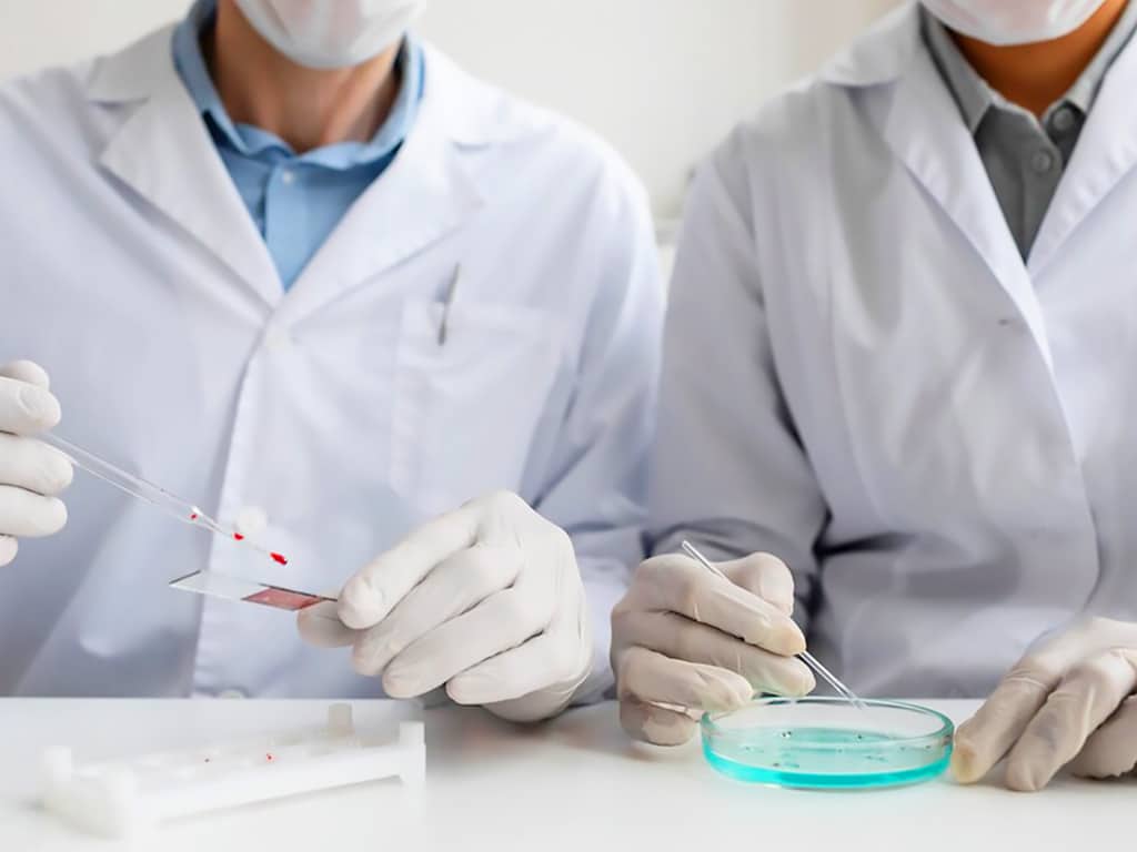 Two medical professionals testing biological samples in a lab