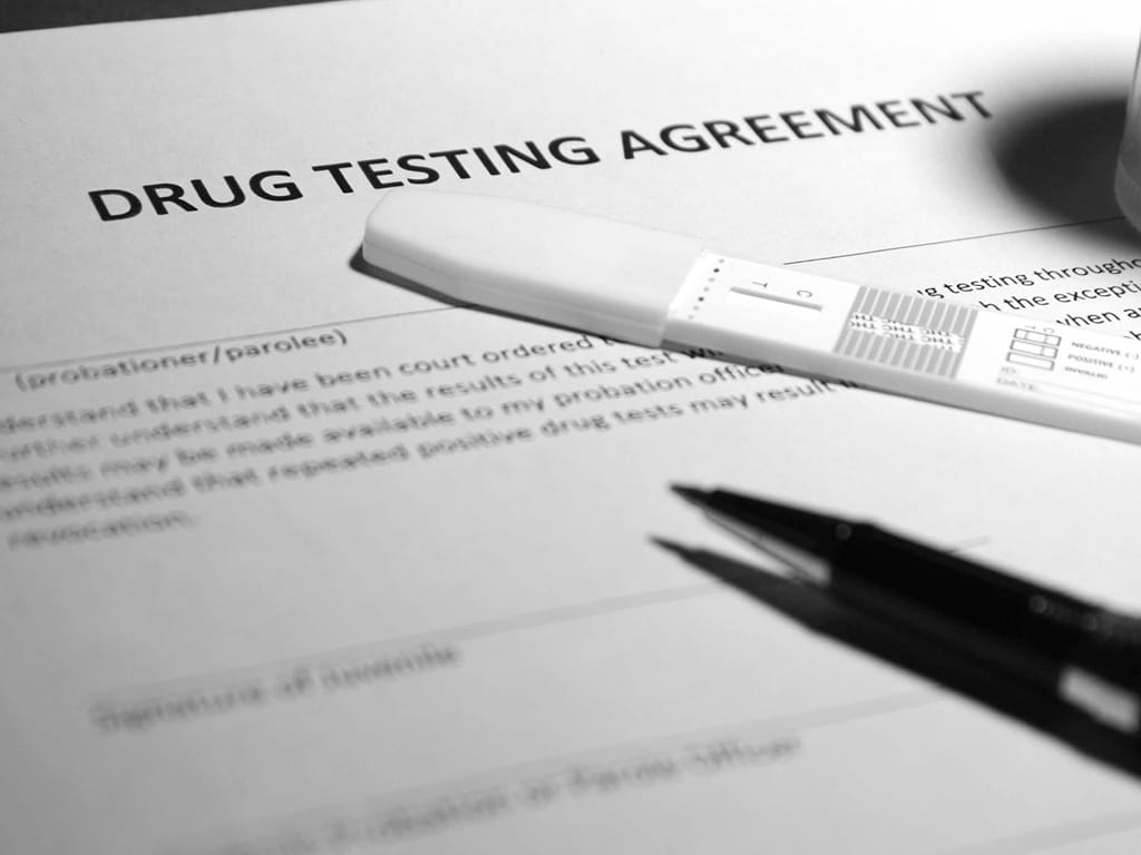 A drug testing agreement document under a pen and testing device