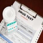 A urine sample container on top of a drug test form